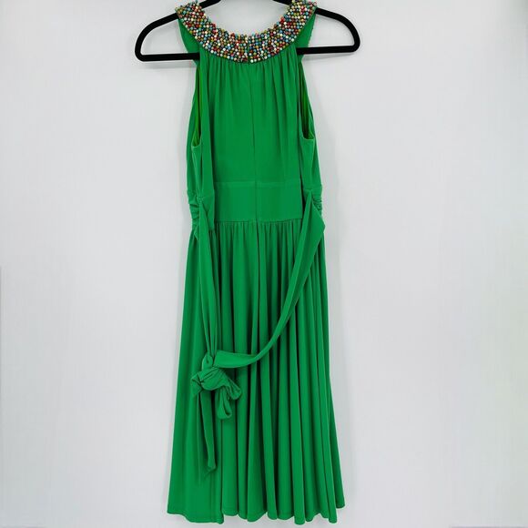 Suzi Chin Womens Dress Sz 8 Green Beaded Halter Sleeveless Keyhole Stretch Midi - Picture 5 of 10
